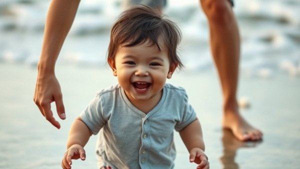 Toddler learning to walk with support on a sunny beach.