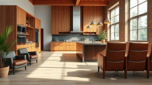 Modern kitchen with wooden cabinets and leather chairs offering style tips to refresh your kitchen.