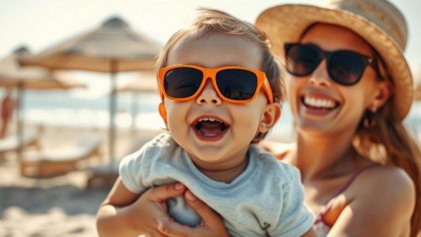 Smiling baby wearing sunglasses at the beach with mother, summer vibes