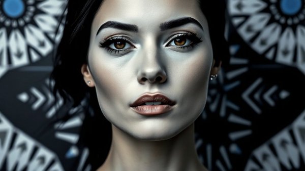 Stylized portrait of a confident woman with abstract blue background; Emma Grede workplace opportunity.