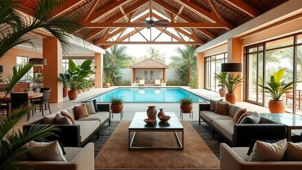 Vacation-Inspired Home Design with tropical elements and pool view.
