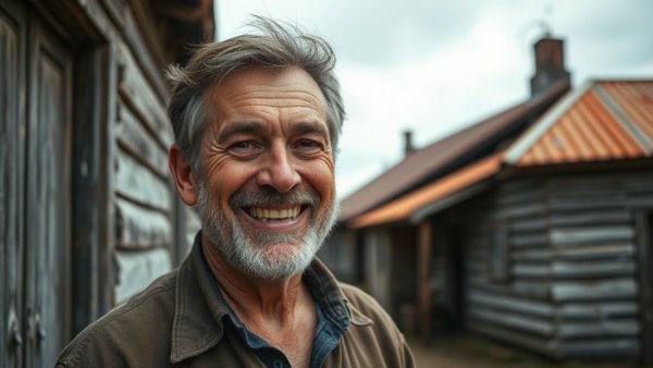 Smiling man in rustic environment, fitting Widow’s Bay horror-comedy.