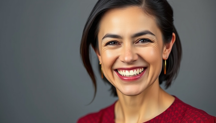 Smiling woman embodying AI CEO role at HeyBoss in a red blouse.