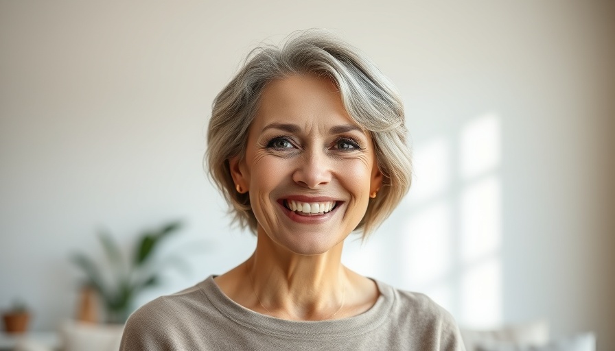 Middle-aged woman smiling indoors, legal perspective.