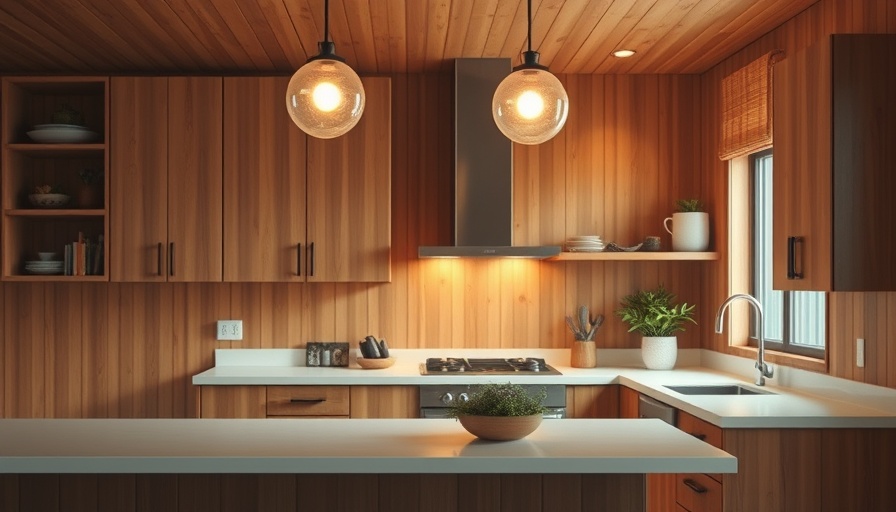 Midcentury kitchen renovation with wood paneling and globe lights.