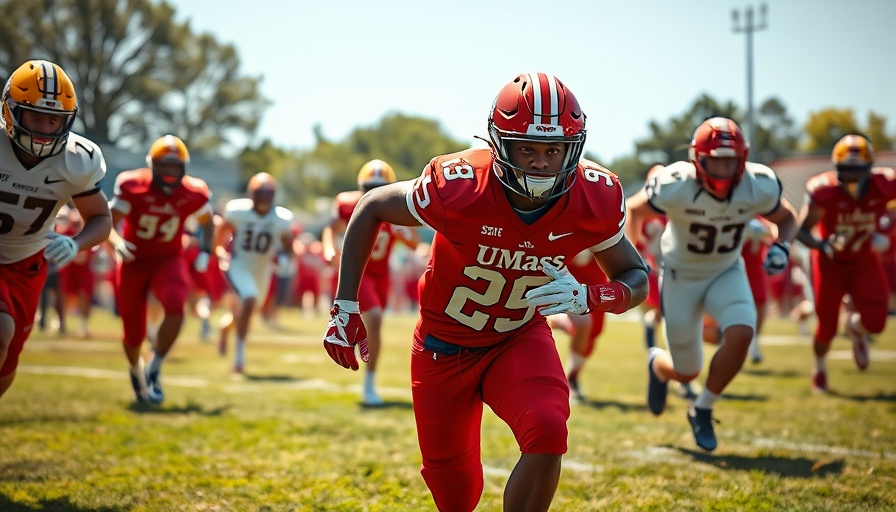 UMass running back evades defenders in college football game.