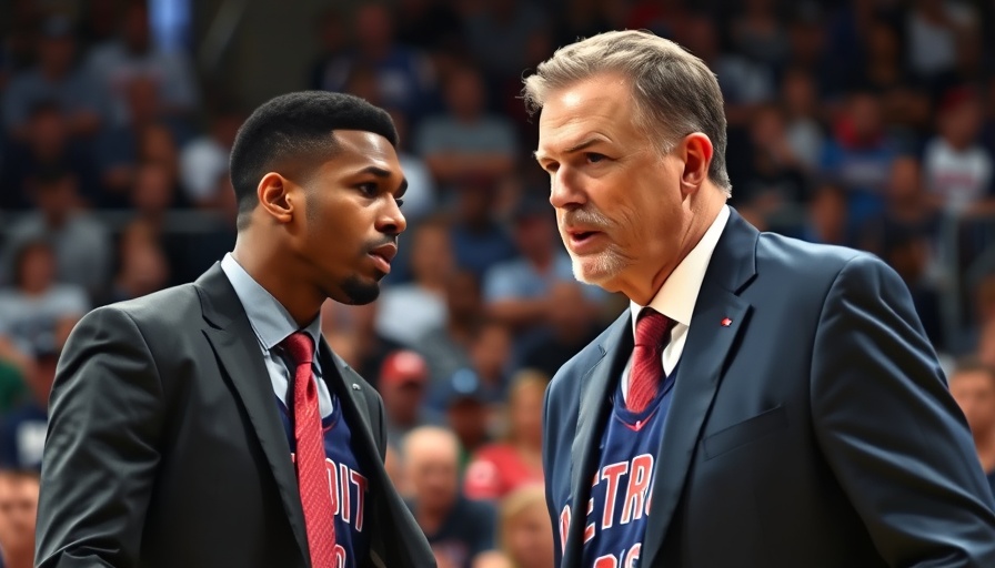 Dynamic NBA scene with Detroit Pistons player and coach interaction.