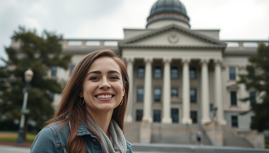 Young woman smiling in front of government building, overcast day.