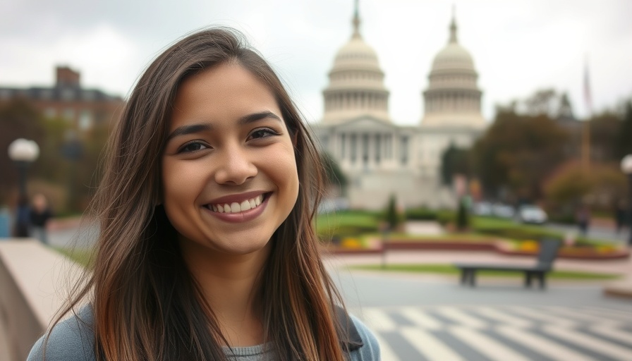 Smiling woman near Capitol Hill, overcast skies, detailed textures.
