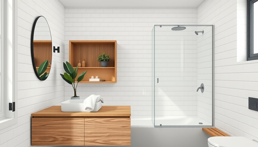 Modern bathroom showcasing smart storage solutions with wooden vanity.