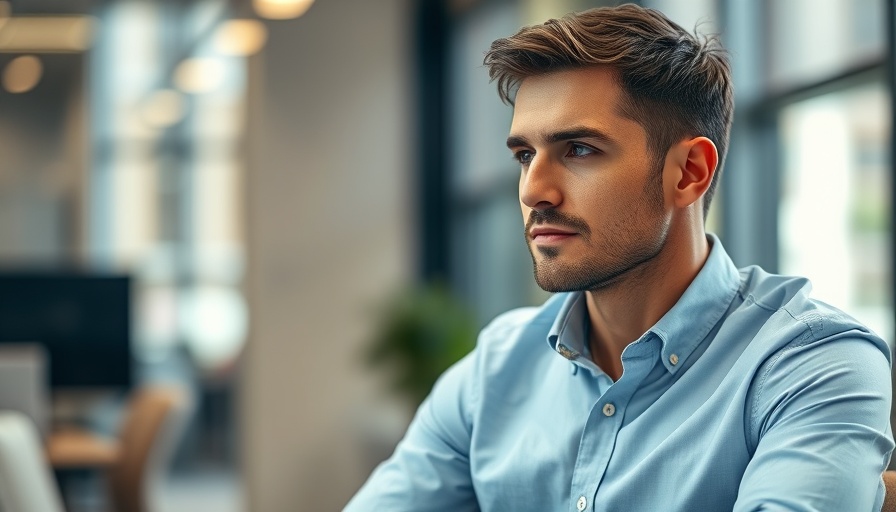 Casual man in urban setting reflecting on greenmarket and urban sustainability.