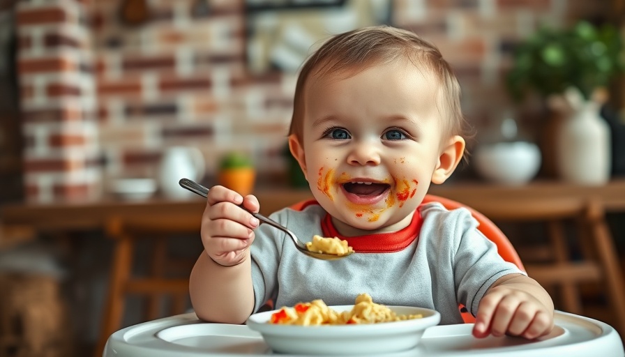 Adorable baby ready to use utensils, exploring food.