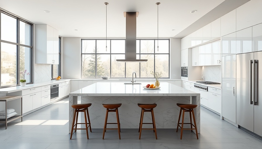 Modern well-designed kitchen features marble island and natural light.