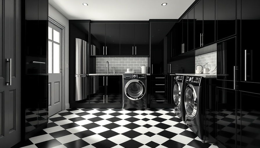 Modern stylish laundry room with black cabinets and checkered floor.