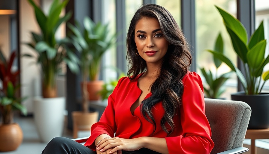 Stylish businesswoman in red top seated in modern office environment.