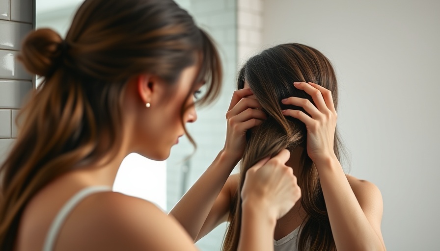Young woman inspecting hair in mirror for postpartum hair loss.