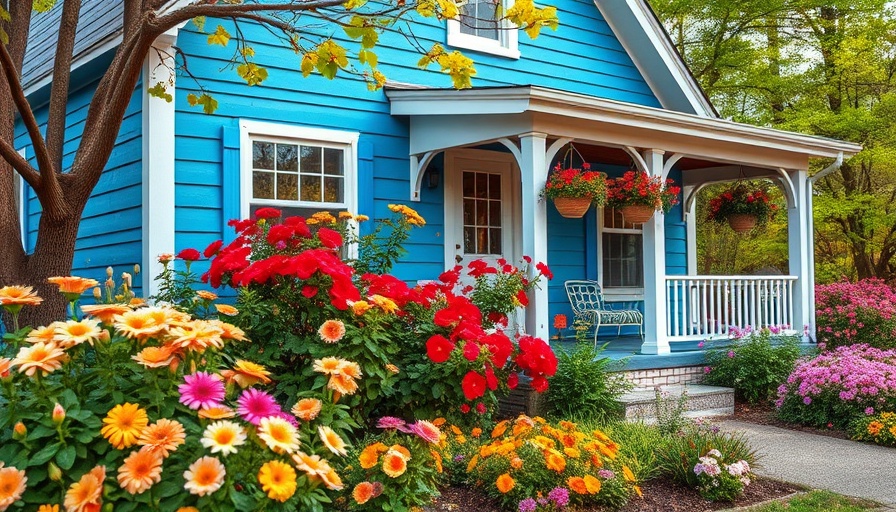 Charming garden view with blue house and spring blooms.