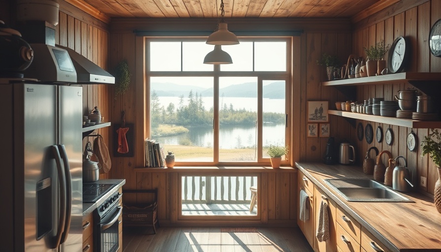 Cozy rustic lakeside kitchen design with sunlit wooden walls.