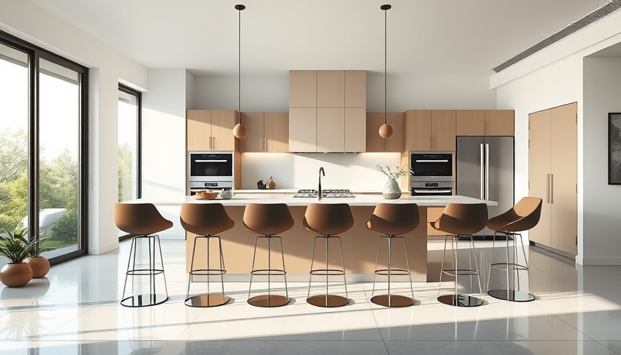 Stylish modern kitchen island design with elegant bar stools and large windows.