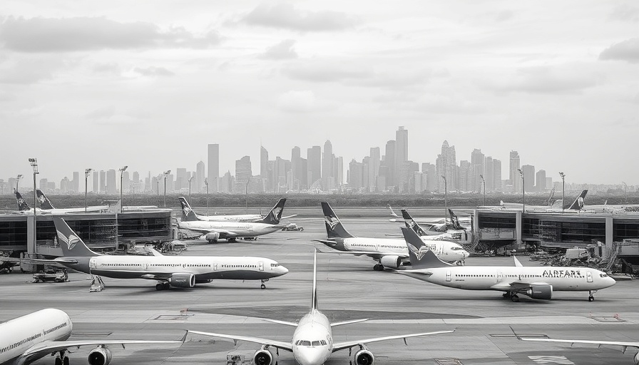 Monochromatic view of Newark Airport with city backdrop, focusing on the Newark Airport Task Force.