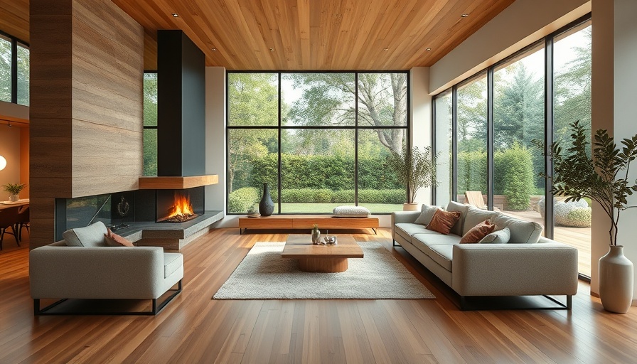 Modern living room with wood flooring and fireplace, 2025 trends.