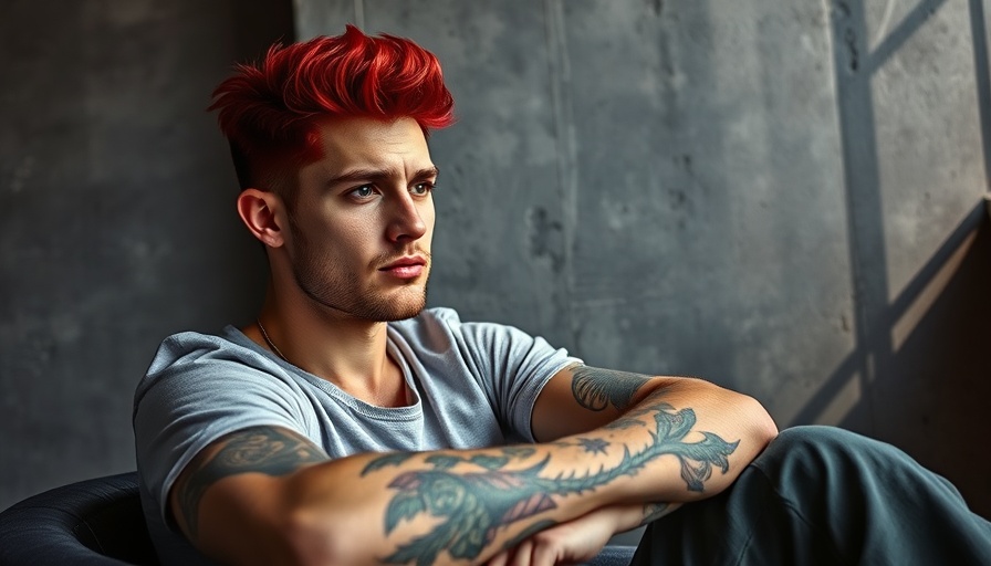 Man with red hair and tattoos, relaxed indoors.