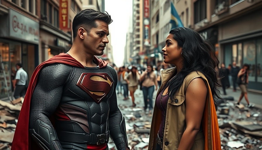 Superhero and woman converse amidst city rubble in New Superman Trailer Family Adventure.