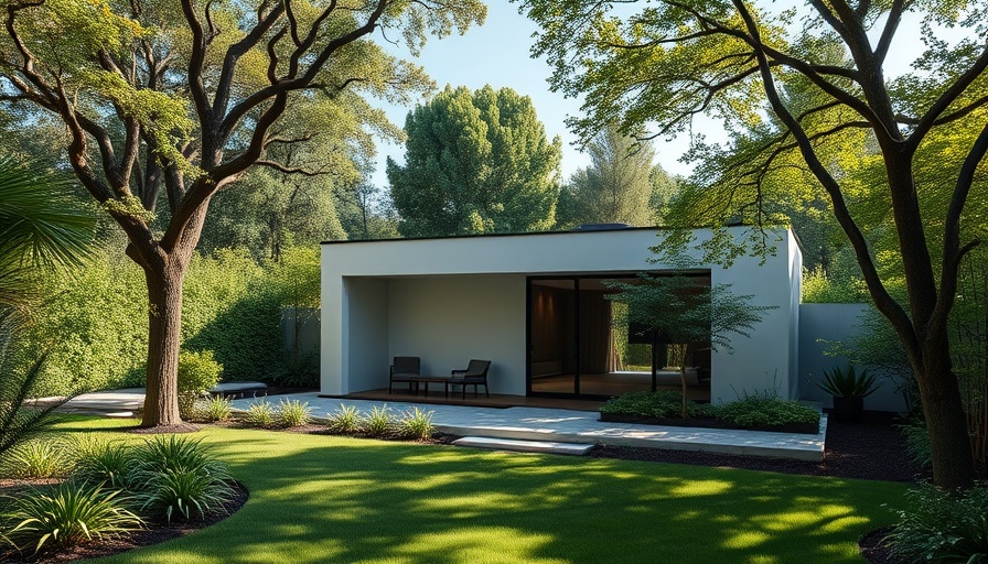 Contemporary backyard studio with lush greenery surroundings.