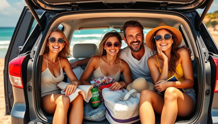Family packing beach bag essentials into car by the beach