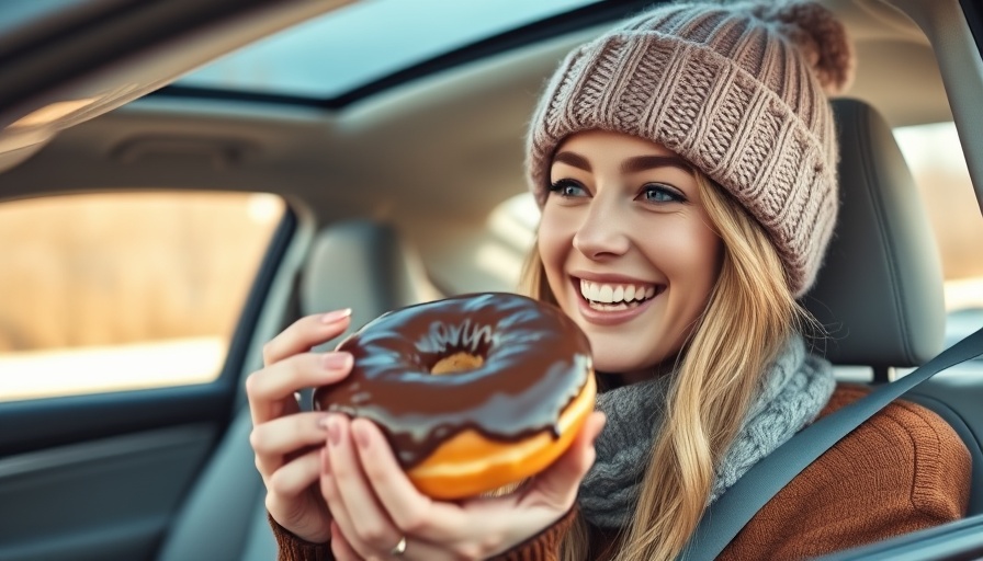 Woman enjoying a donut in car, revenge meal parenting concept.