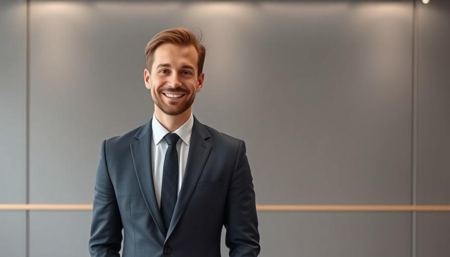 Smiling man in suit at event with branded logo background.