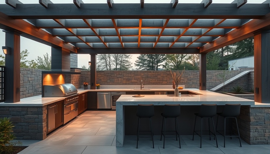 Modern outdoor kitchen design with sleek features and pergola.