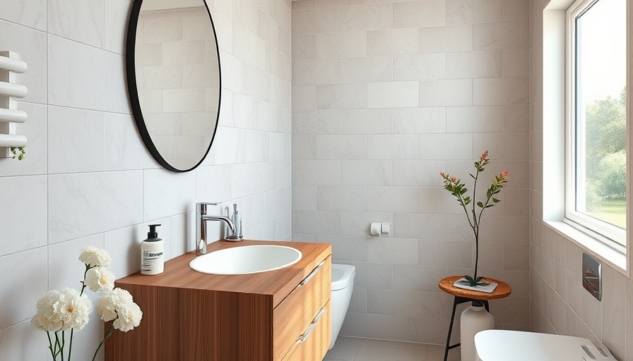 Modern stylish small bathroom with wooden vanity and natural light.