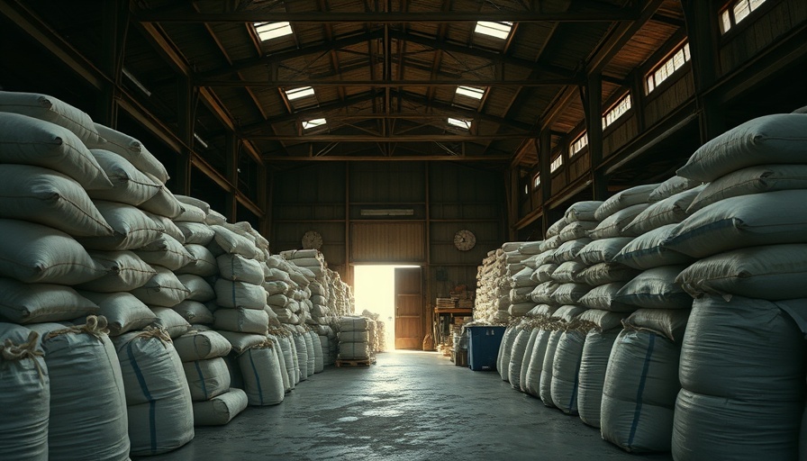Warehouse filled with textile bags for recycling clothing textiles.