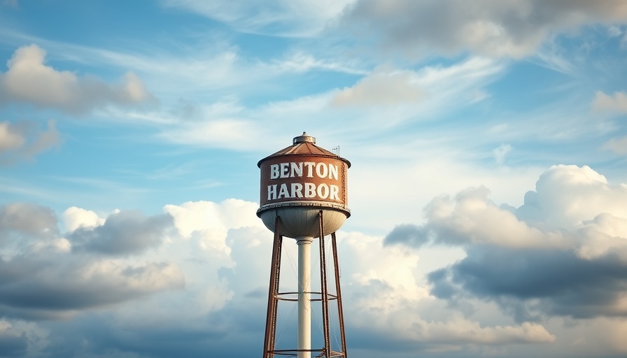 Benton Harbor water tower with logo under partly cloudy sky; Benton Harbor cleanup project.