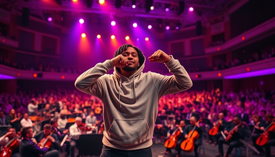 Eminem performing at a concert with orchestra, vibrant lighting.