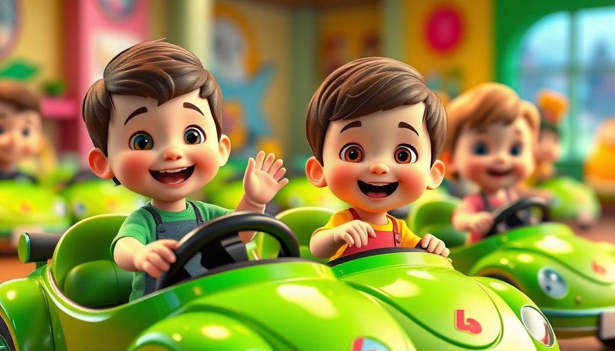 Animated toddlers in toy cars waving, 3D cartoon style.