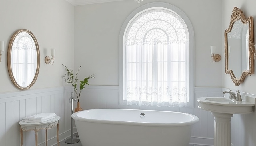 Modern organic bathroom design with a large tub and lace curtain.