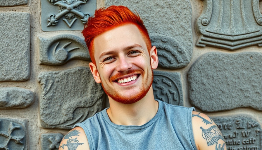 Smiling man with artistic tattoos against gray stone background.