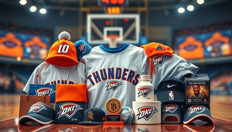 Oklahoma City Thunder Championship Gear: T-shirts and caps on a basketball court backdrop.