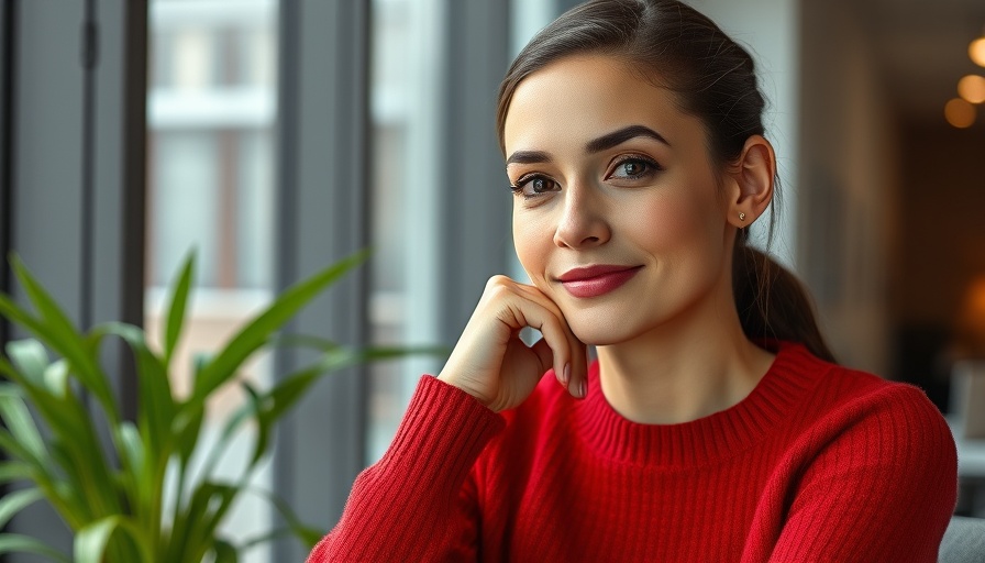 Woman in red sweater posing for a magazine cover.