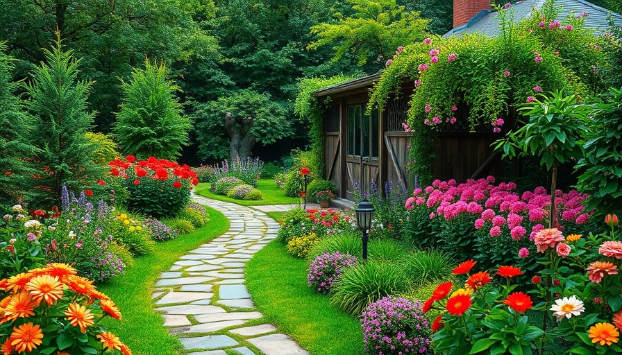 Tranquil garden with colorful flowers and stone path, showcasing garden trends 2025.