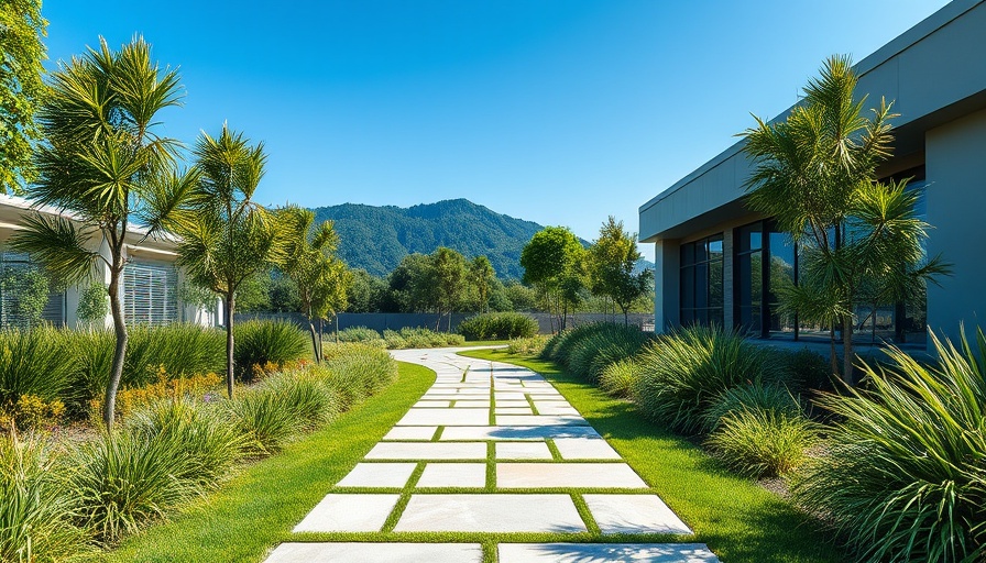 Stone slab garden path in modern landscape under clear sky.