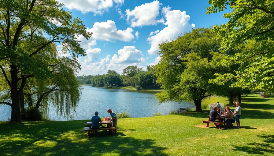 Families relaxing by the lake at Saginaw County fishing festival.