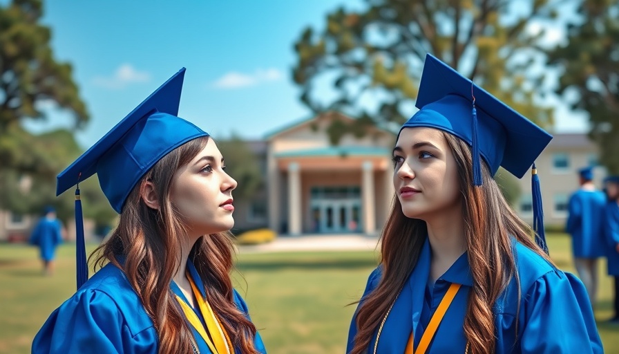 Two high school graduates in blue gowns outdoors.