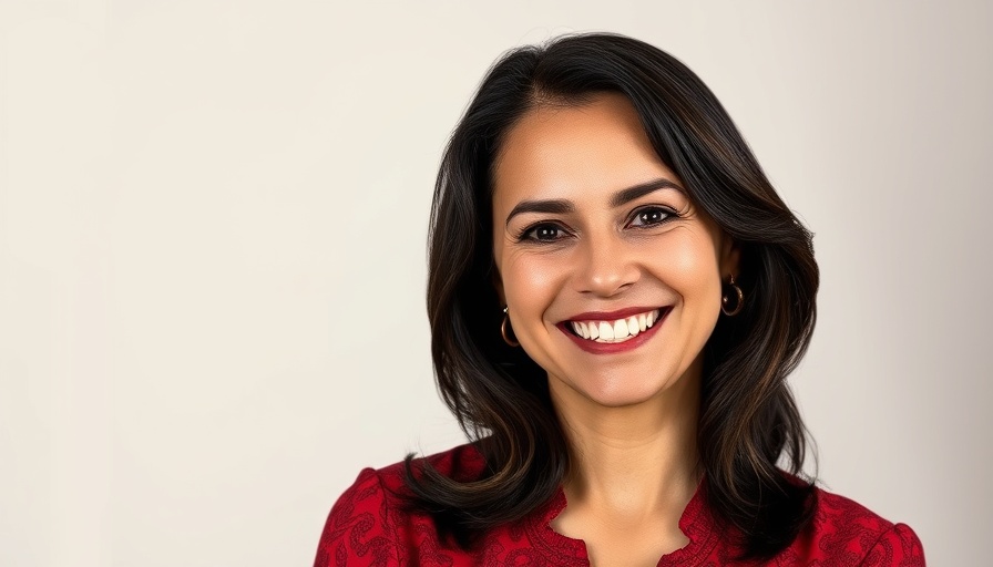 Woman in red blouse smiling in a neutral backdrop.