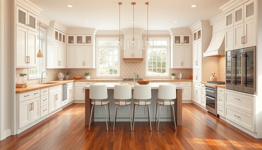Warm white-and-wood kitchen design with central island and natural light.