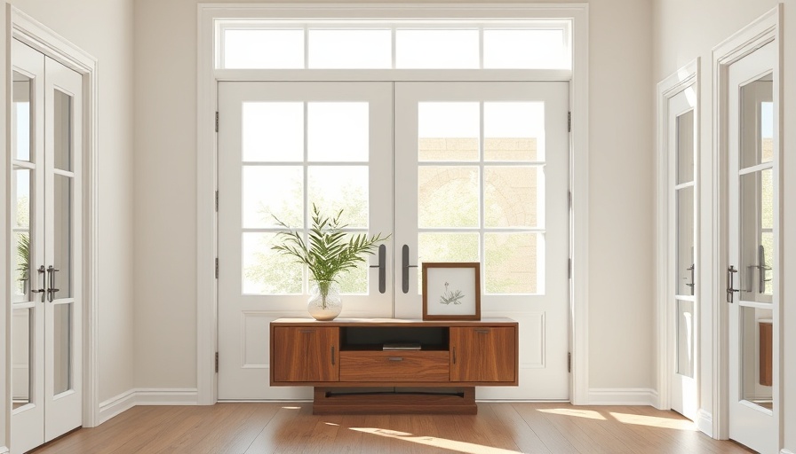 Modern front entryway with white doors and decor.