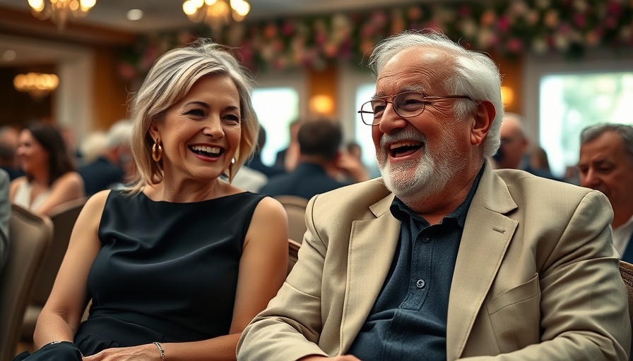 Elderly man and woman enjoying a lively social gathering indoors.
