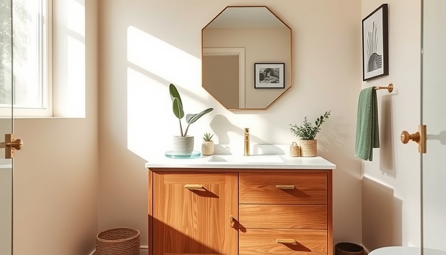 Midcentury modern bathroom design with wooden vanity and decor.